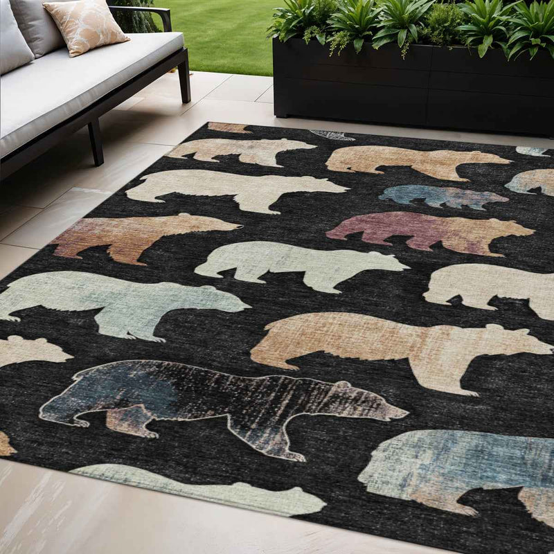 5' X 8' Black Ivory And Brown Animal Print Washable Indoor Outdoor Area Rug