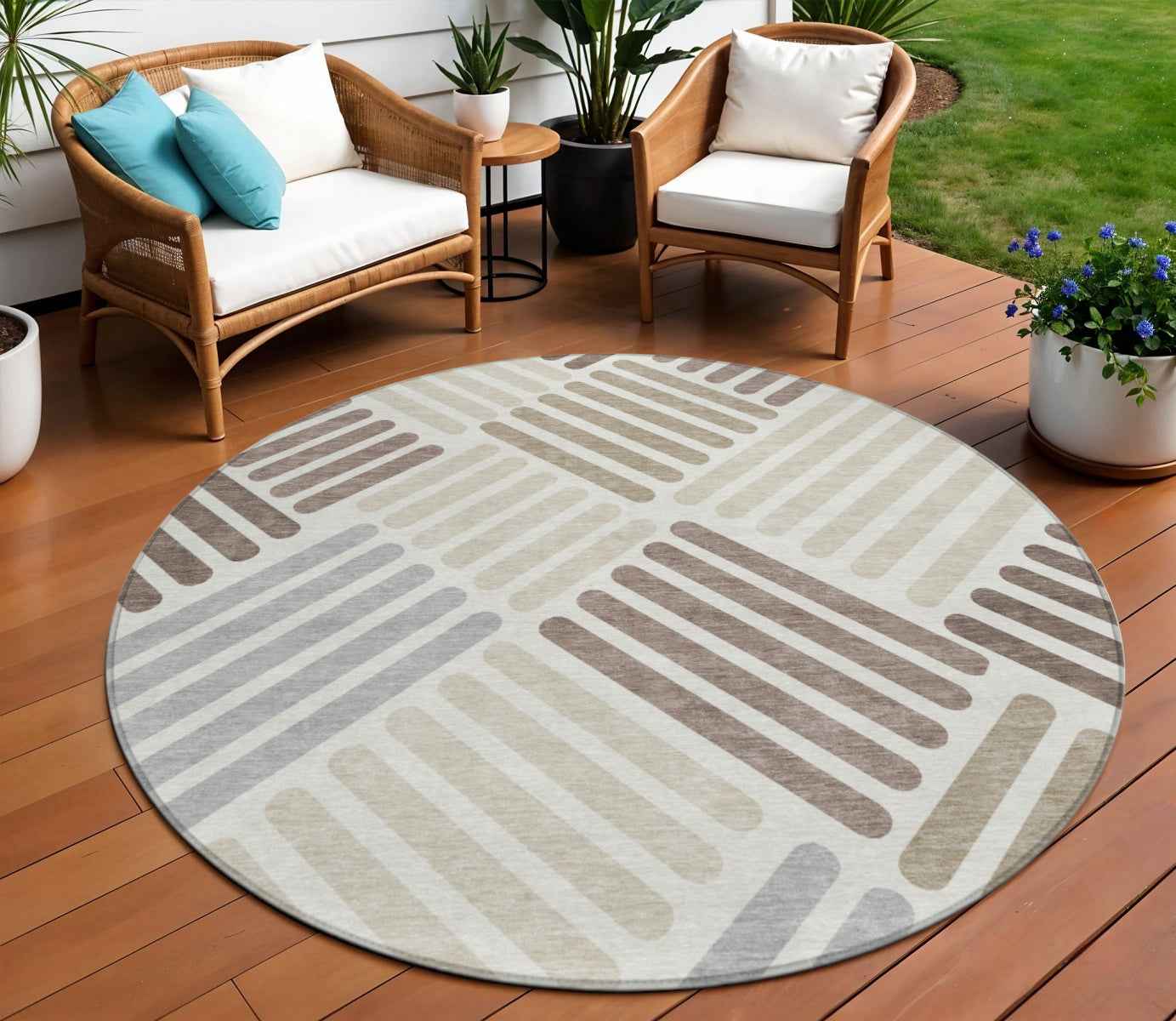 8' Ivory Beige And Brown Round Geometric Washable Indoor Outdoor Area Rug