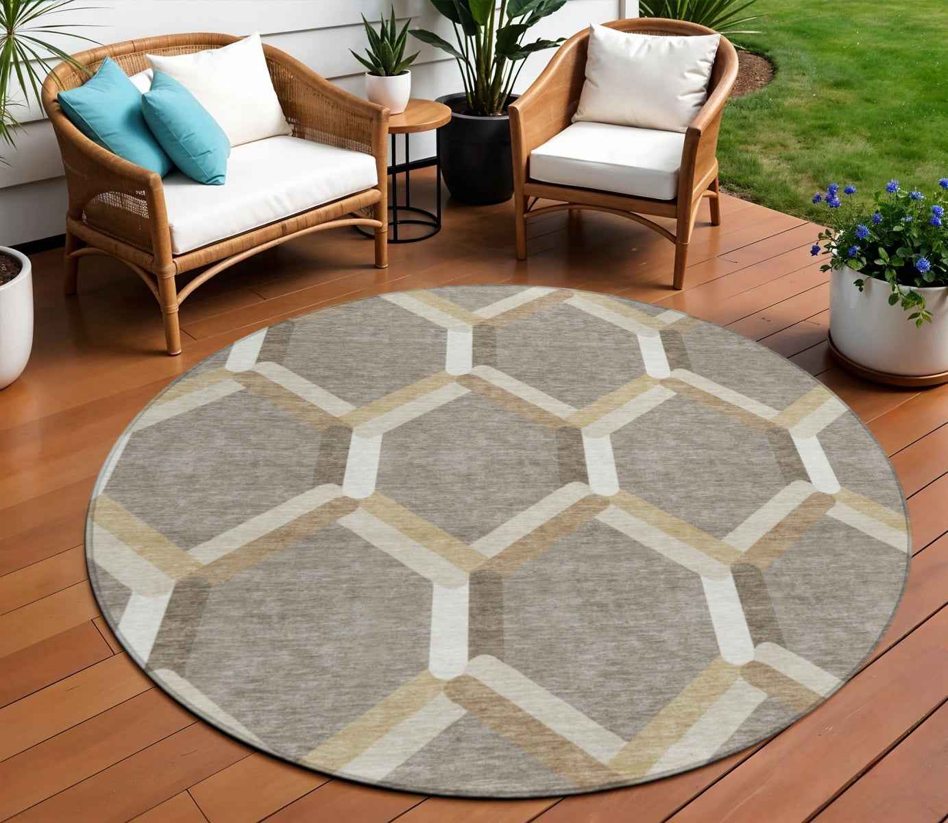 8' Taupe Beige And Ivory Round Geometric Washable Indoor Outdoor Area Rug