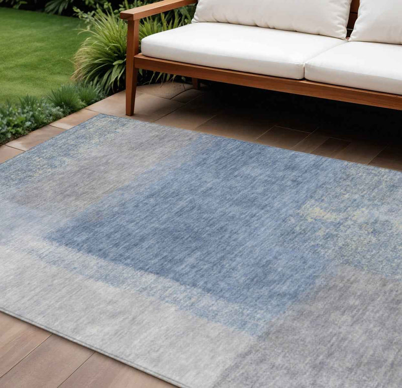 9' X 12' Denim Blue Ivory And Gray Abstract Washable Indoor Outdoor Area Rug