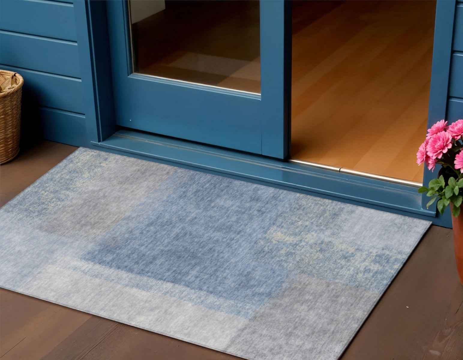 3' X 5' Denim Blue Ivory And Gray Abstract Washable Indoor Outdoor Area Rug