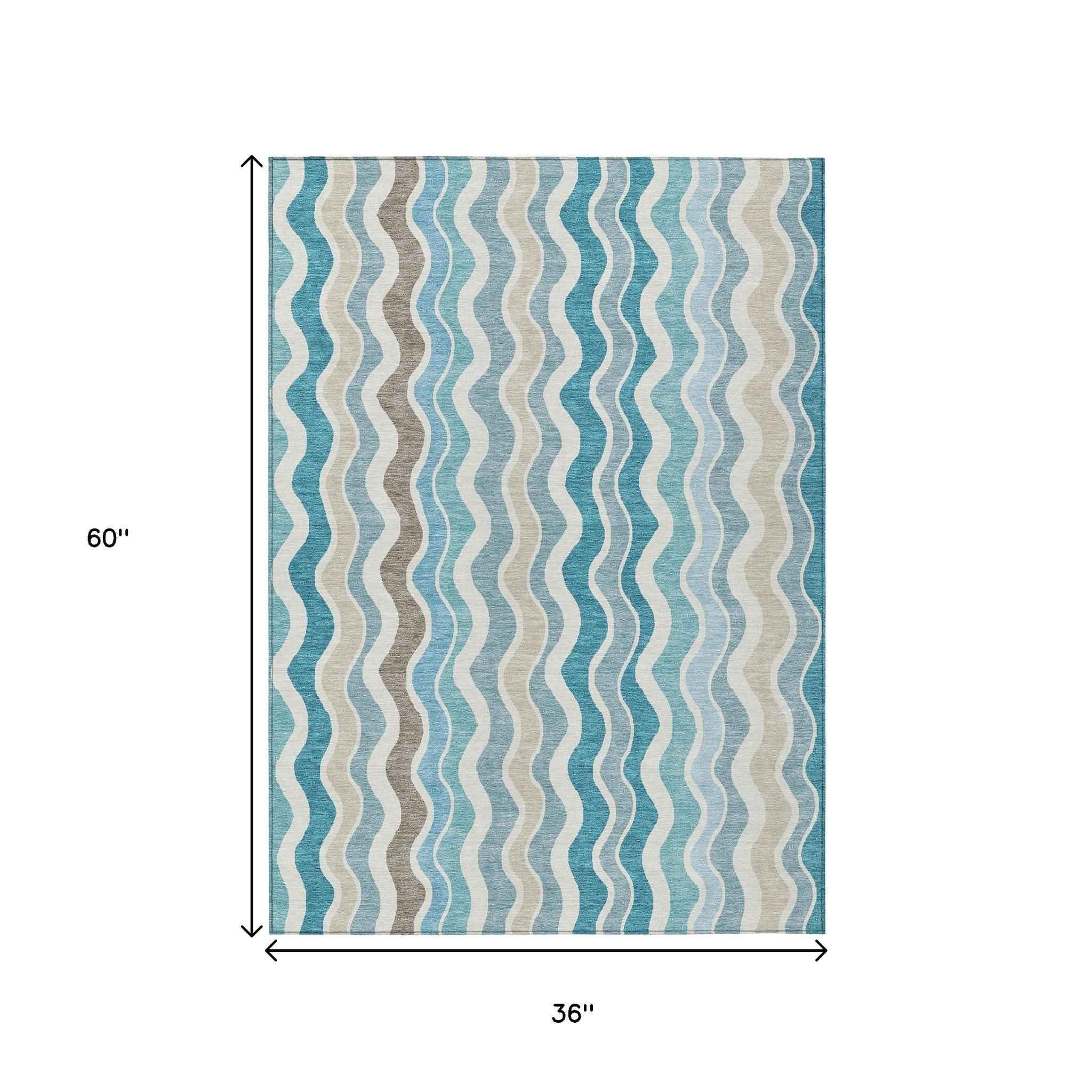 3' X 5' Teal Blue Ivory And Beige Striped Washable Indoor Outdoor Area Rug