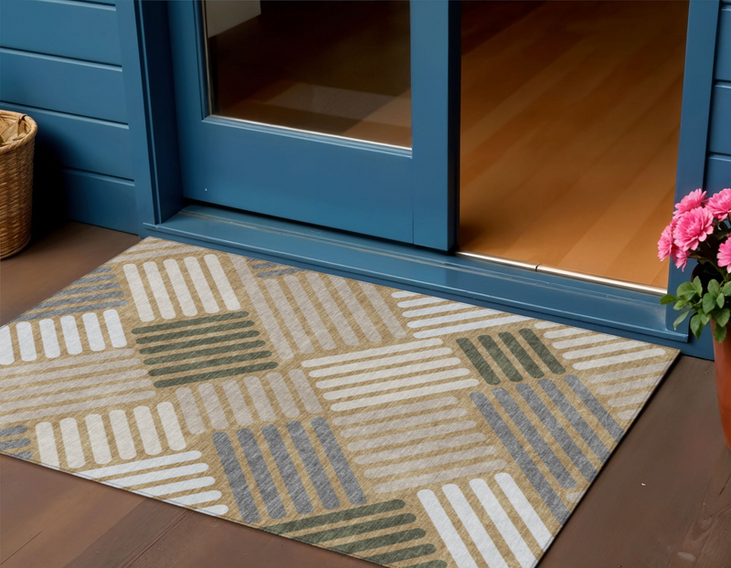 3' X 5' Gold Ivory And Charcoal Geometric Washable Indoor Outdoor Area Rug