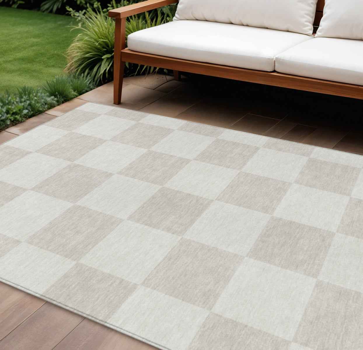 8' X 10' Ivory And Beige Geometric Washable Indoor Outdoor Area Rug