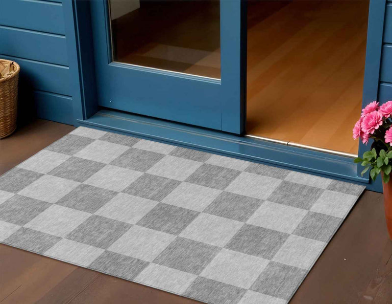 3' X 5' Gray And Pewter Geometric Washable Indoor Outdoor Area Rug