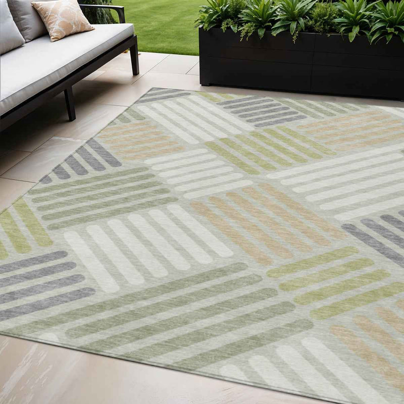 5' X 8' Artichoke Green Ivory And Gray Geometric Washable Indoor Outdoor Area Rug