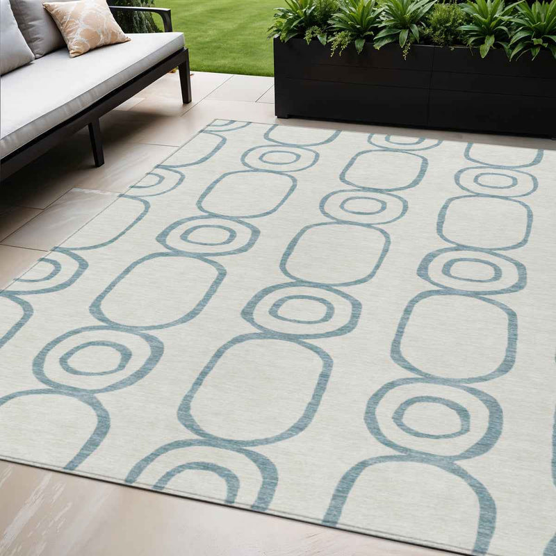 5' X 8' Teal Blue And Ivory Geometric Washable Indoor Outdoor Area Rug