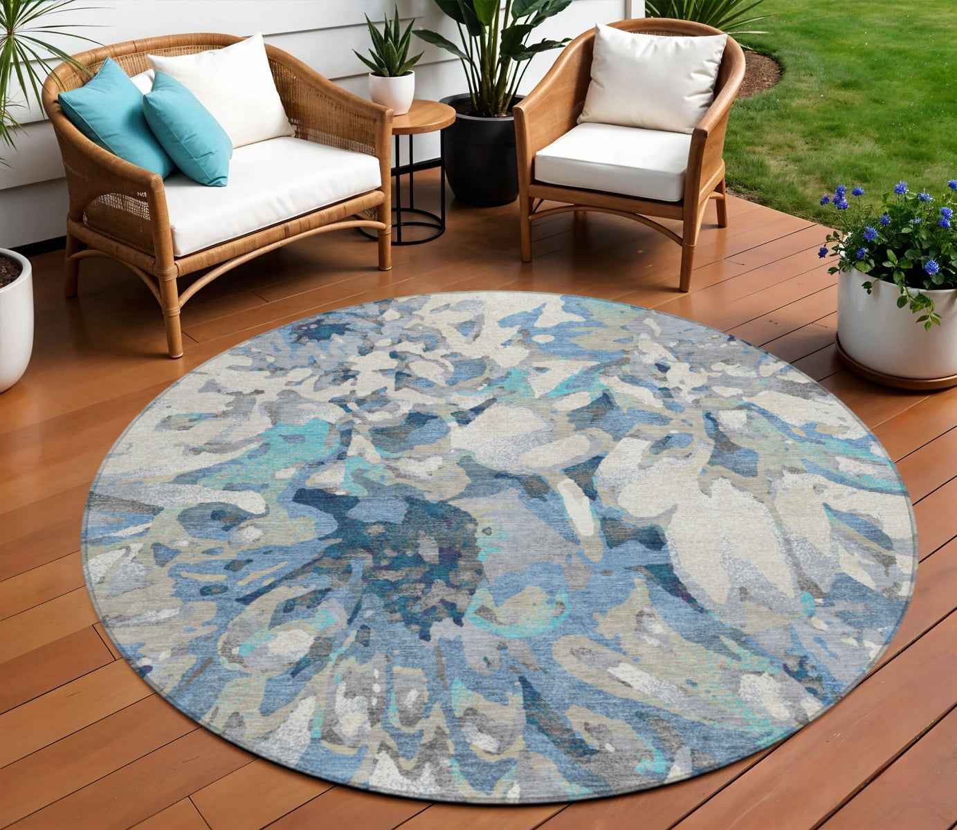 8' Denim Blue Gray And Ivory Round Floral Washable Indoor Outdoor Area Rug