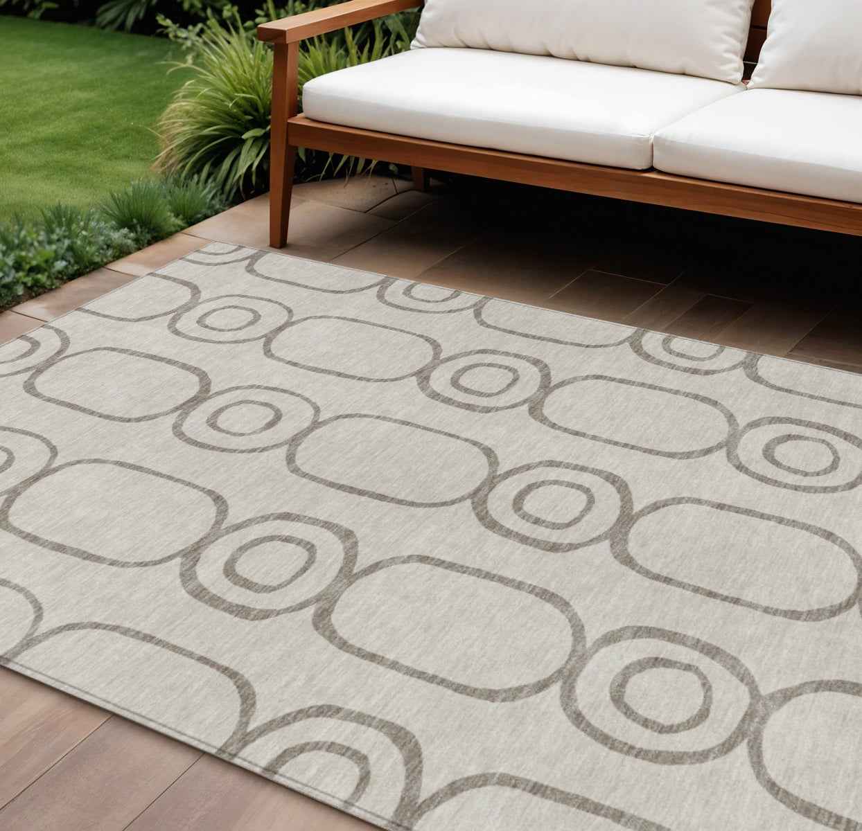 8' X 10' Taupe Beige And Ivory Geometric Washable Indoor Outdoor Area Rug