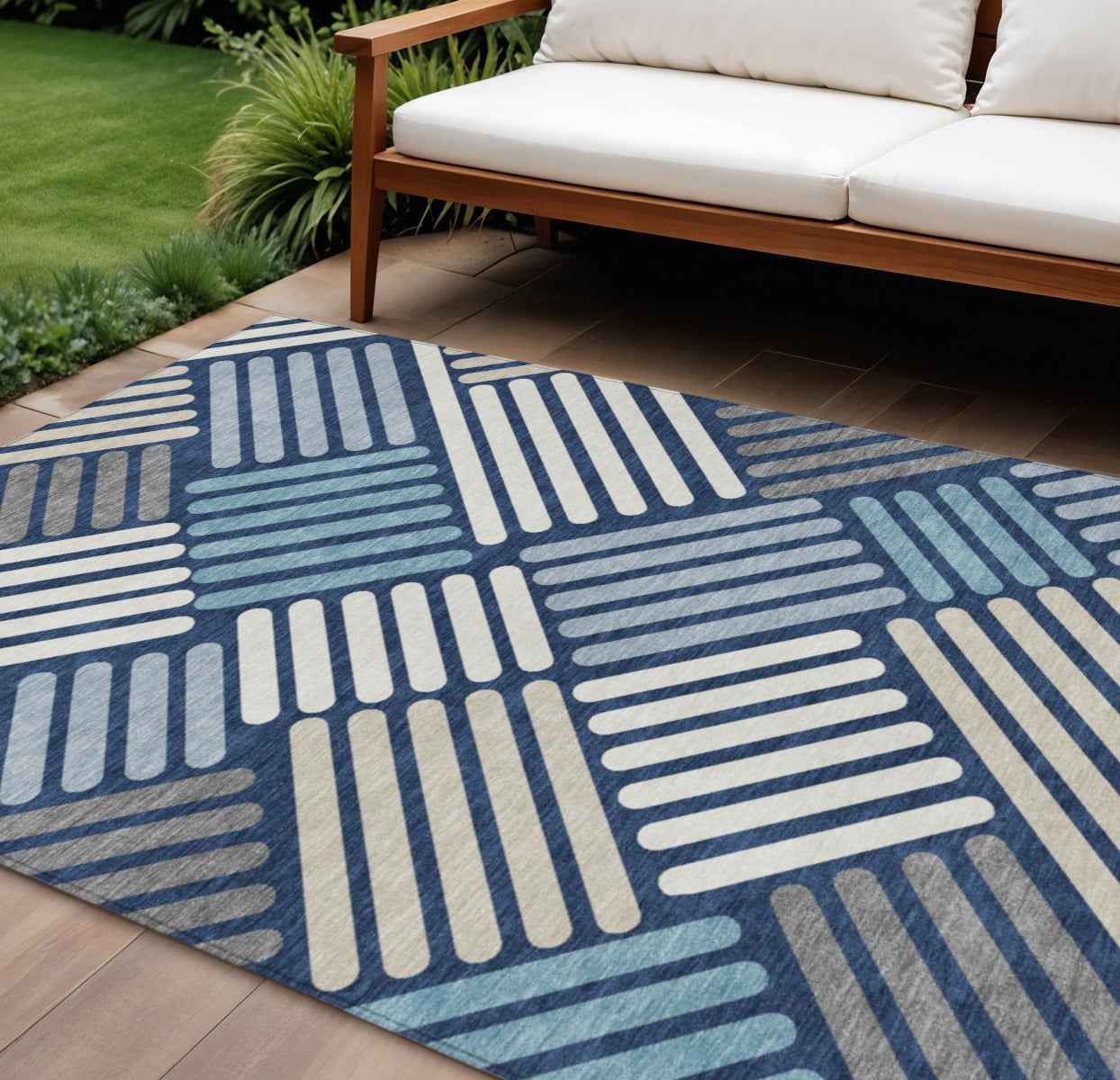8' X 10' Navy Blue Ivory And Pewter Geometric Washable Indoor Outdoor Area Rug