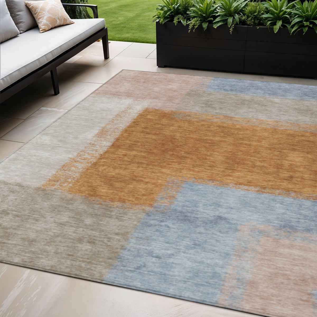 5' X 8' Rust Ivory And Blue Abstract Washable Indoor Outdoor Area Rug