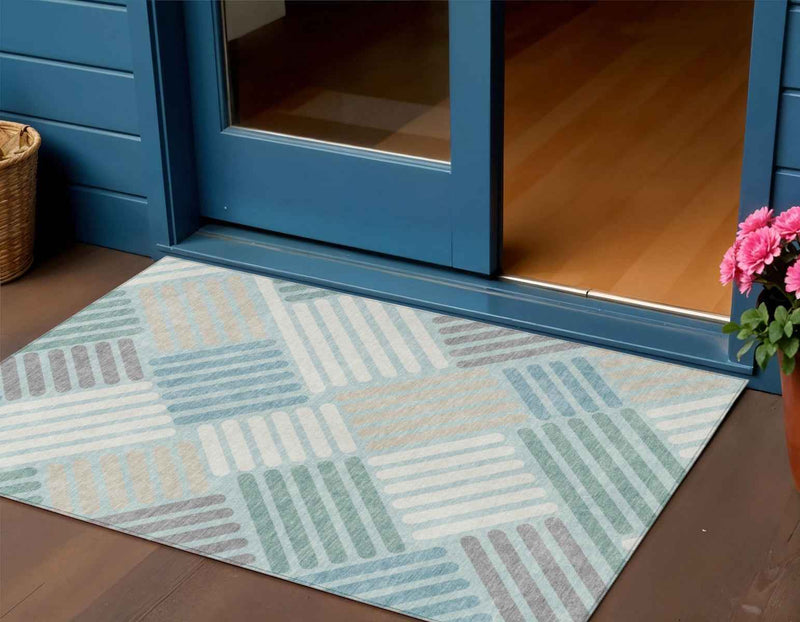 3' X 5' Pale Aqua Wheat And Ivory Geometric Washable Indoor Outdoor Area Rug