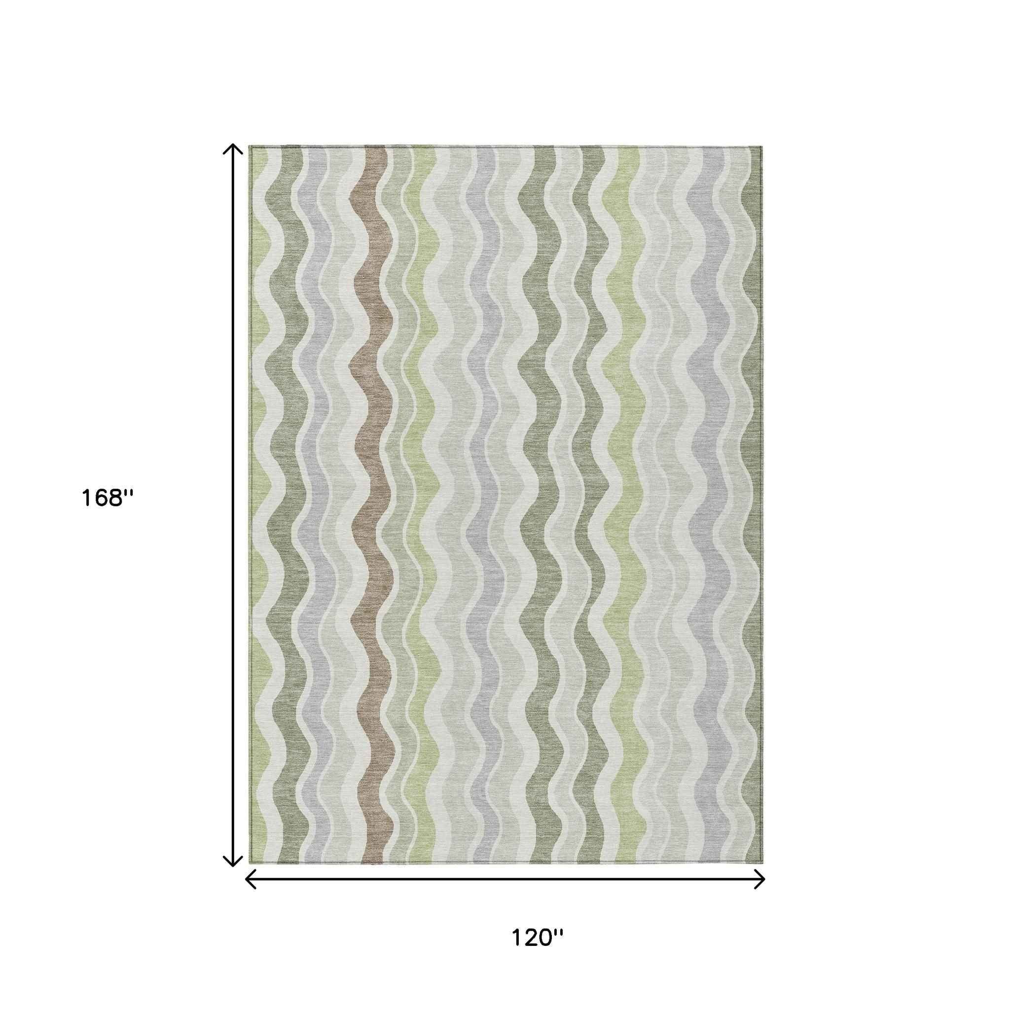 10' X 14' Artichoke Green Ivory And Brown Striped Washable Indoor Outdoor Area Rug