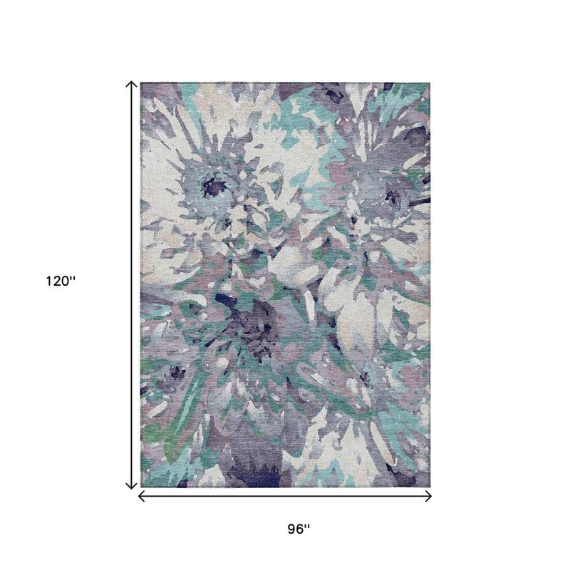 8' X 10' Lavender Gray And Ivory Floral Washable Indoor Outdoor Area Rug