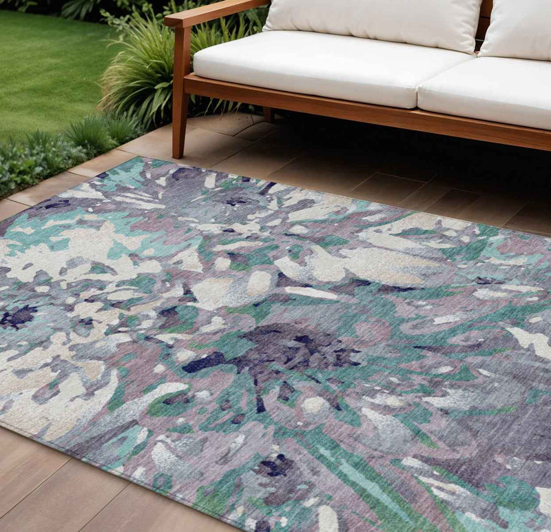 8' X 10' Lavender Gray And Ivory Floral Washable Indoor Outdoor Area Rug