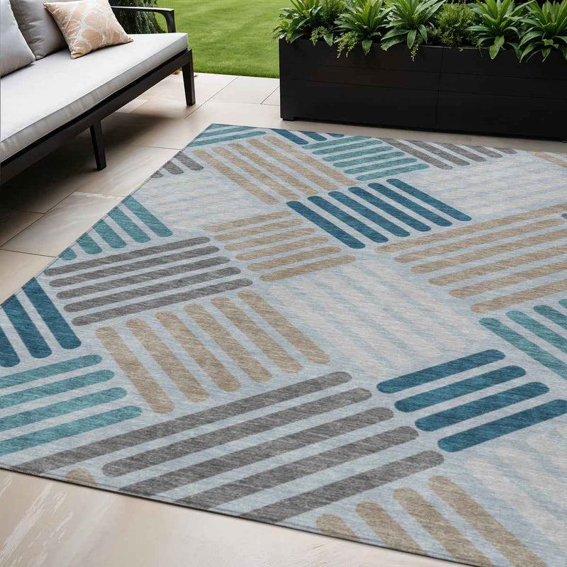 5' X 8' Teal Blue Wheat And Gray Geometric Washable Indoor Outdoor Area Rug