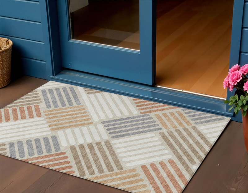 3' X 5' Copper Ivory And Rust Geometric Washable Indoor Outdoor Area Rug