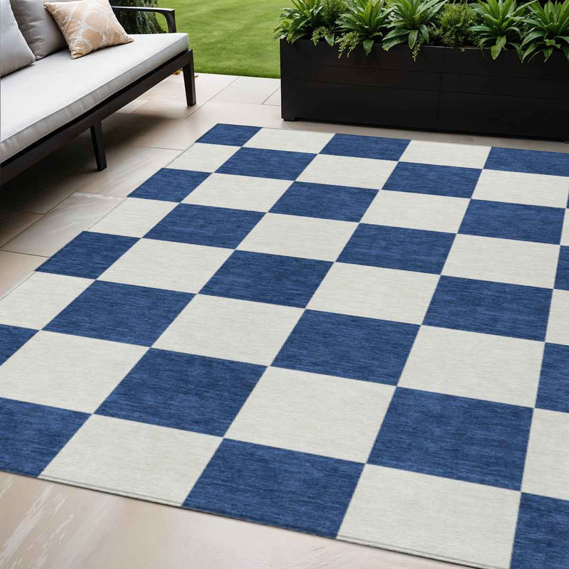 5' X 8' Navy Blue And Ivory Geometric Washable Indoor Outdoor Area Rug