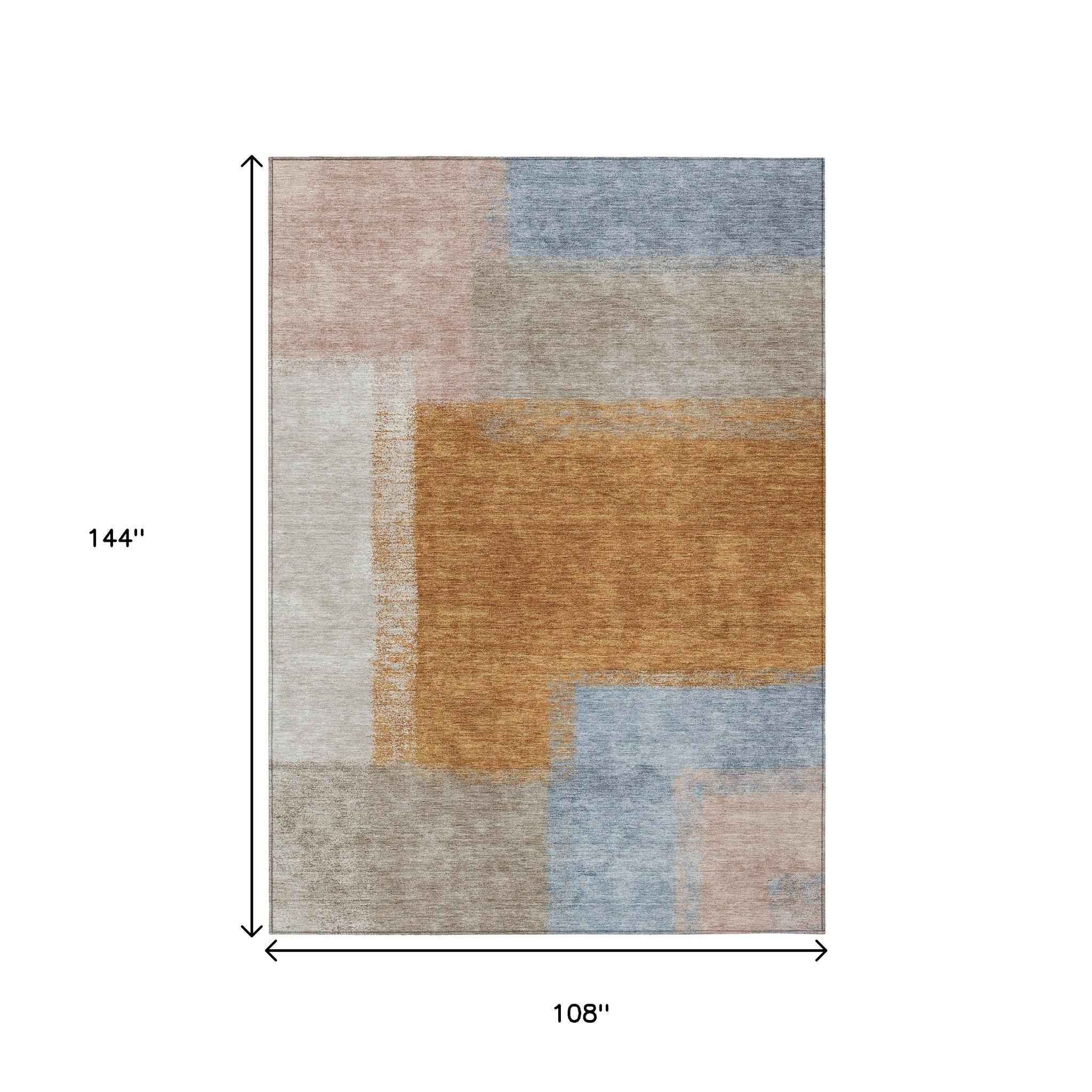 9' X 12' Rust Ivory And Blue Abstract Washable Indoor Outdoor Area Rug
