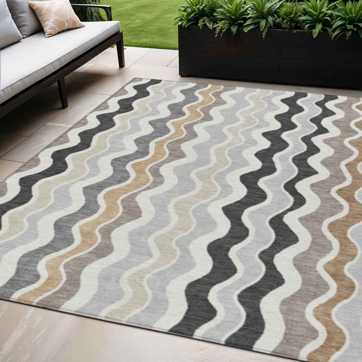 5' X 8' Charcoal Ivory And Gray Striped Washable Indoor Outdoor Area Rug