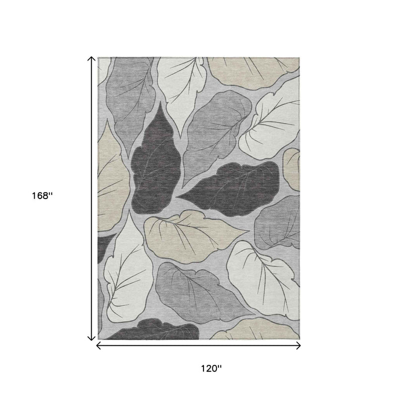 10' X 14' Silver Gray And Beige Botanical Leaves Washable Indoor Outdoor Area Rug