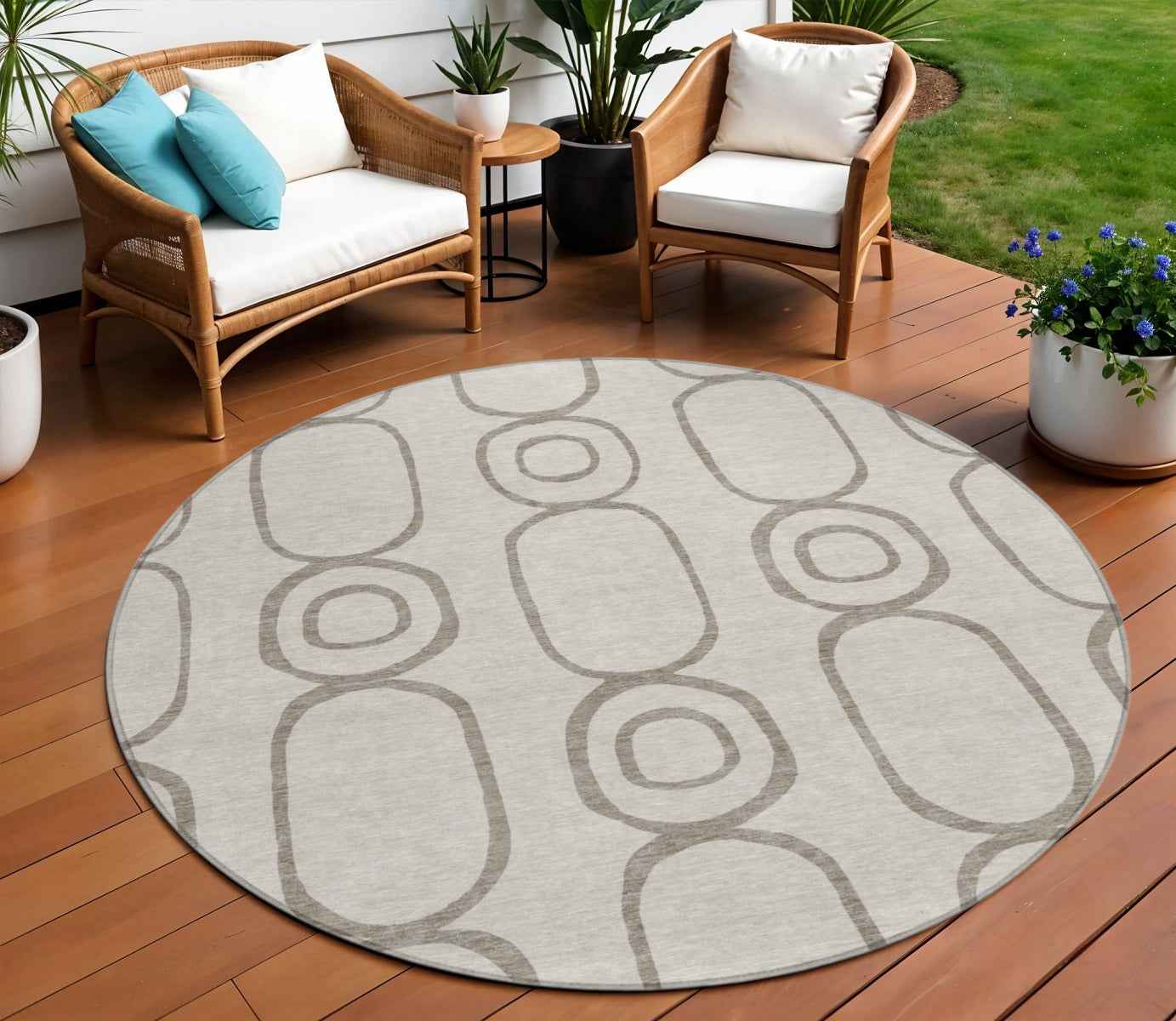 8' Taupe Beige And Ivory Round Geometric Washable Indoor Outdoor Area Rug