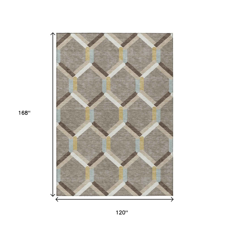 10' X 14' Brown Ivory And Beige Geometric Washable Indoor Outdoor Area Rug