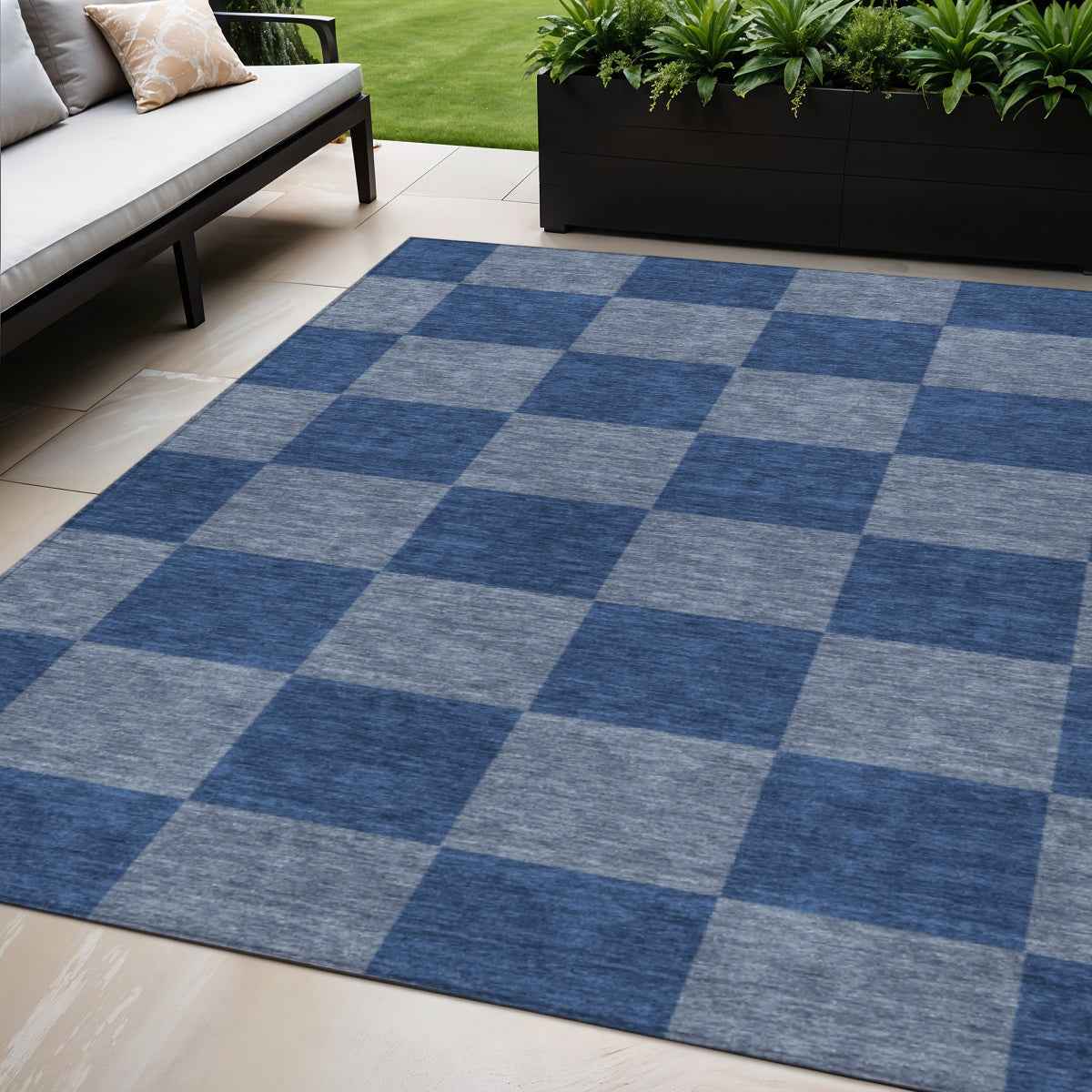 5' X 8' Blue And Gray Geometric Washable Indoor Outdoor Area Rug