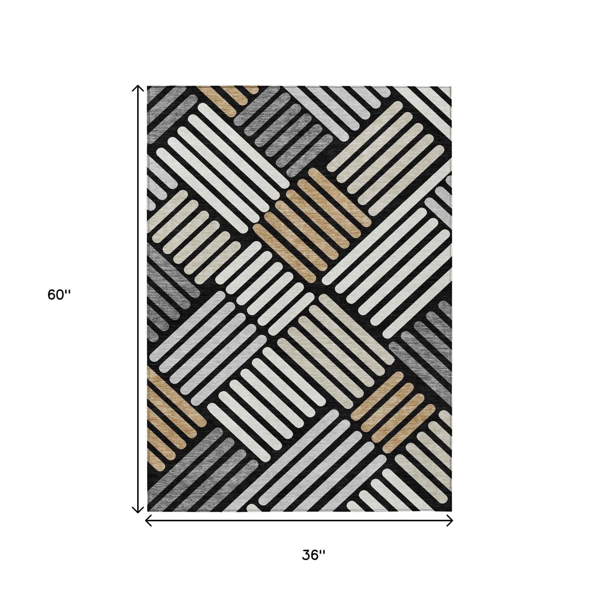 3' X 5' Black Beige And Ivory Geometric Washable Indoor Outdoor Area Rug