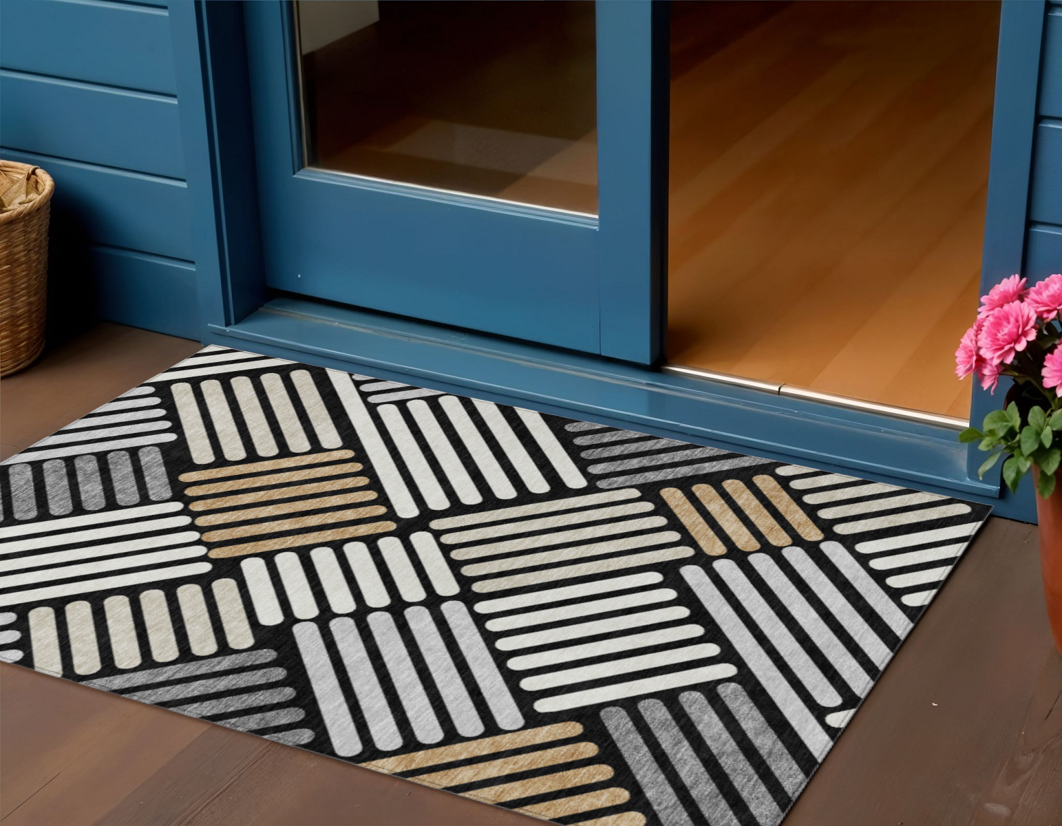 3' X 5' Black Beige And Ivory Geometric Washable Indoor Outdoor Area Rug