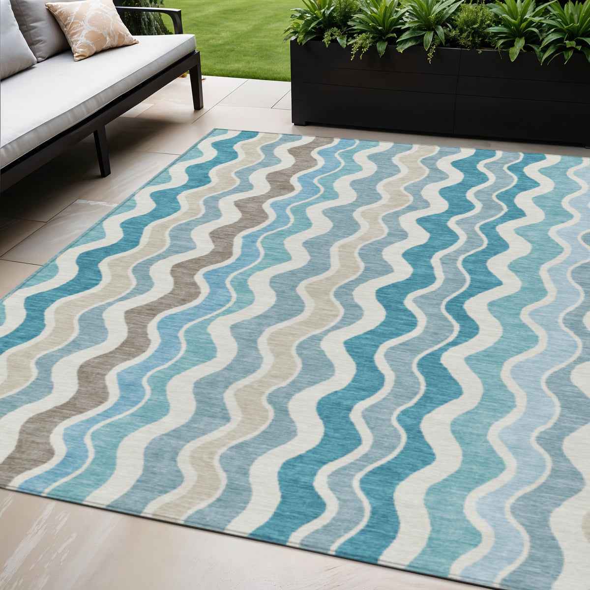 5' X 8' Teal Blue Ivory And Beige Striped Washable Indoor Outdoor Area Rug