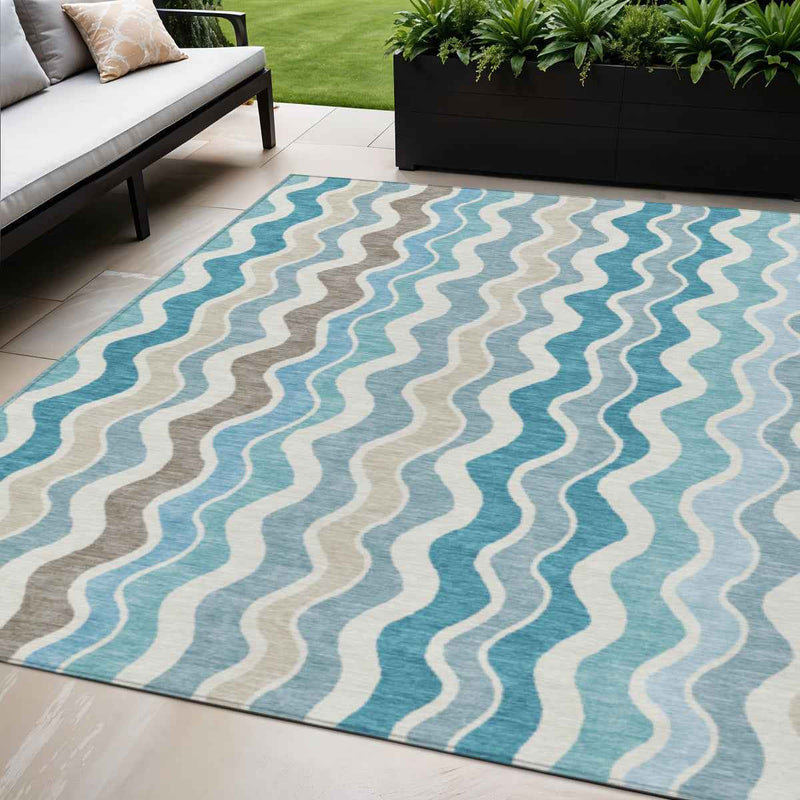5' X 8' Teal Blue Ivory And Beige Striped Washable Indoor Outdoor Area Rug