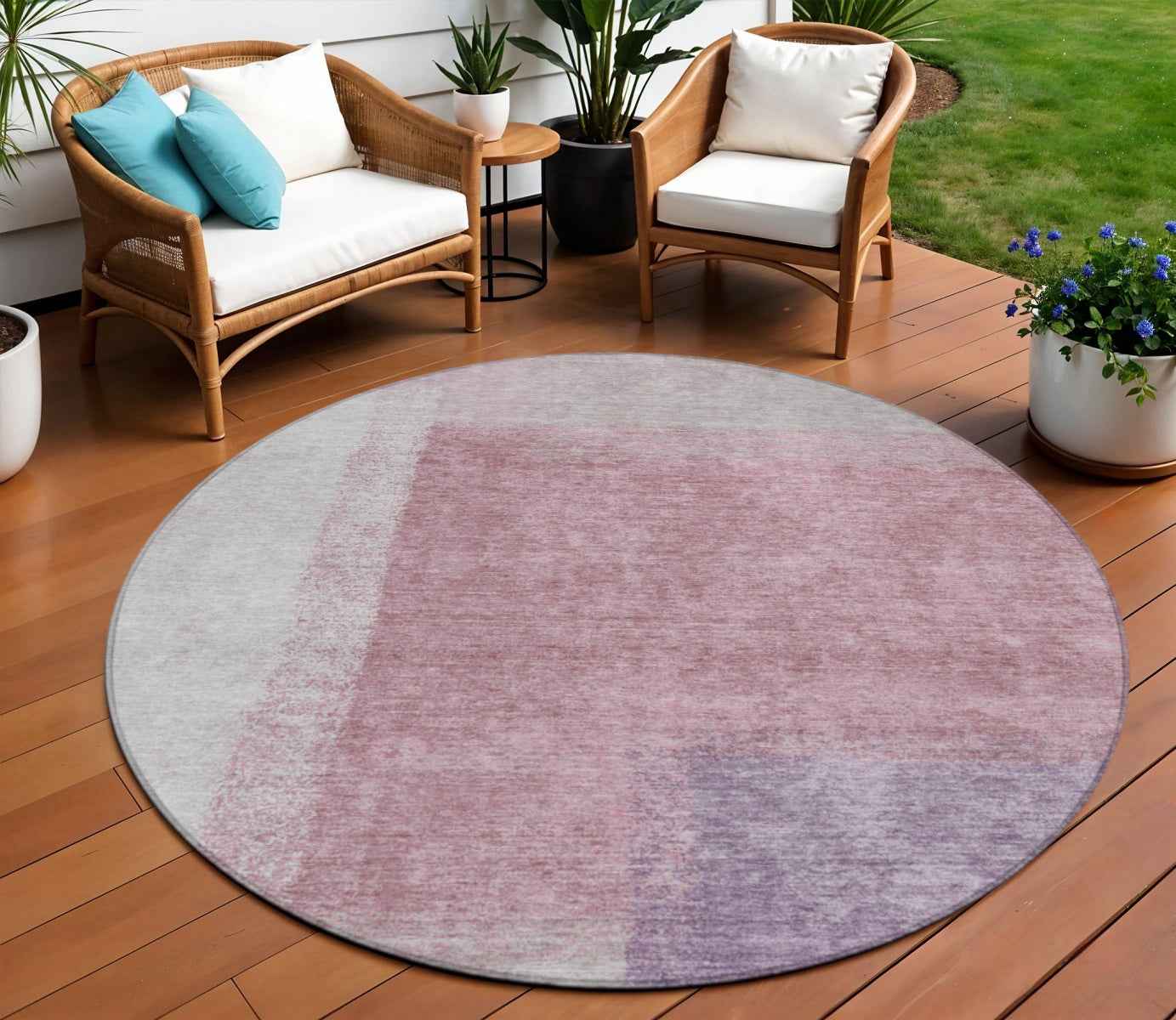 8' Blush Ivory And Gray Round Abstract Washable Indoor Outdoor Area Rug