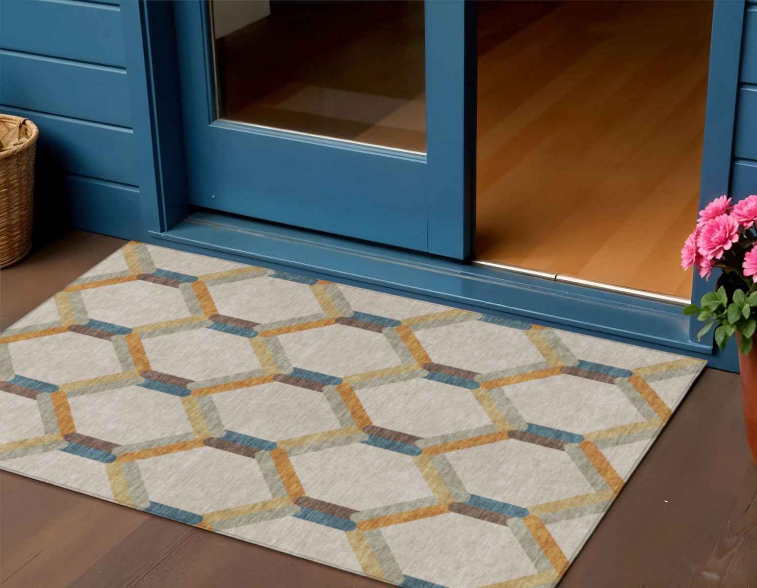 3' X 5' Beige Wheat And Blue Geometric Washable Indoor Outdoor Area Rug