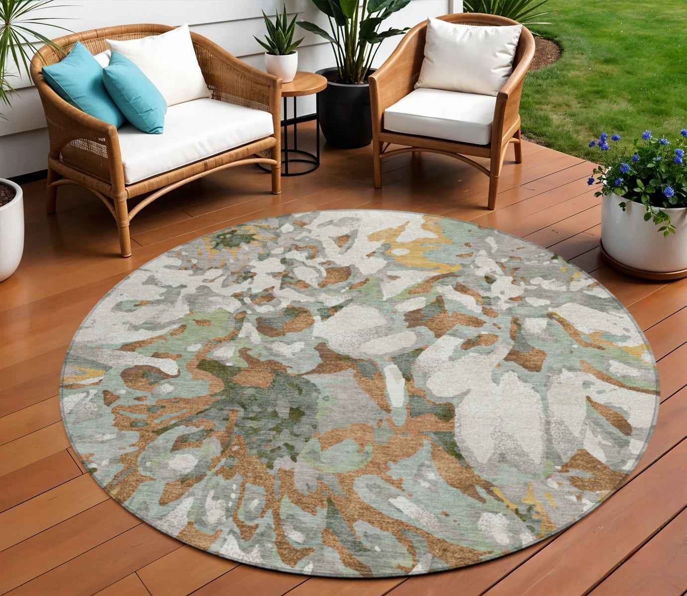 8' Copper Gray And Ivory Round Floral Washable Indoor Outdoor Area Rug