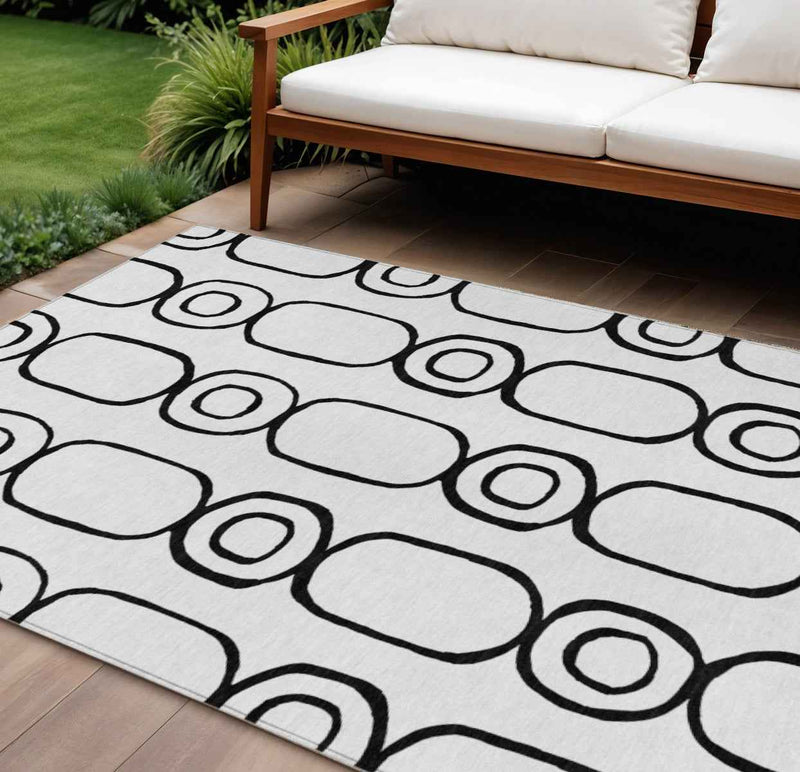 10' X 14' White And Black Geometric Washable Indoor Outdoor Area Rug
