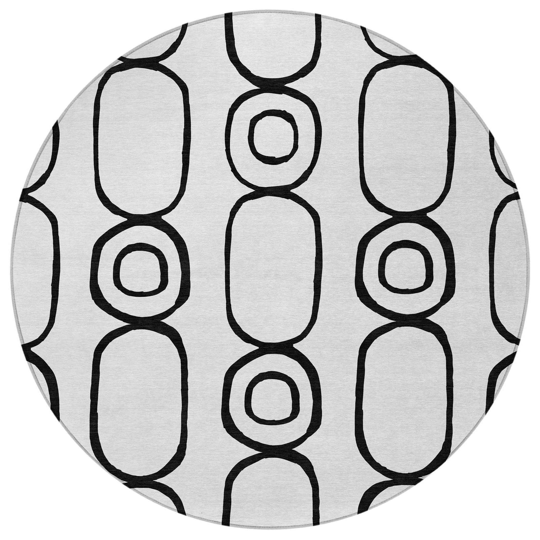 8' White And Black Round Geometric Washable Indoor Outdoor Area Rug