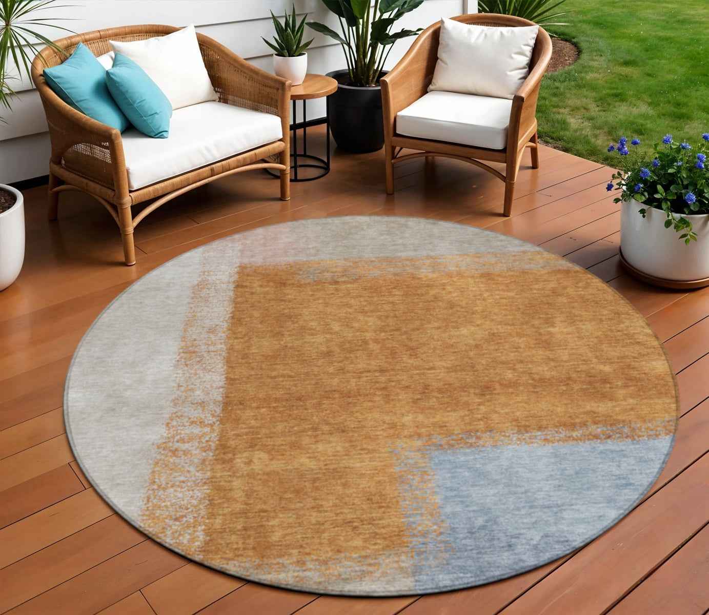 8' Rust Ivory And Blue Round Abstract Washable Indoor Outdoor Area Rug