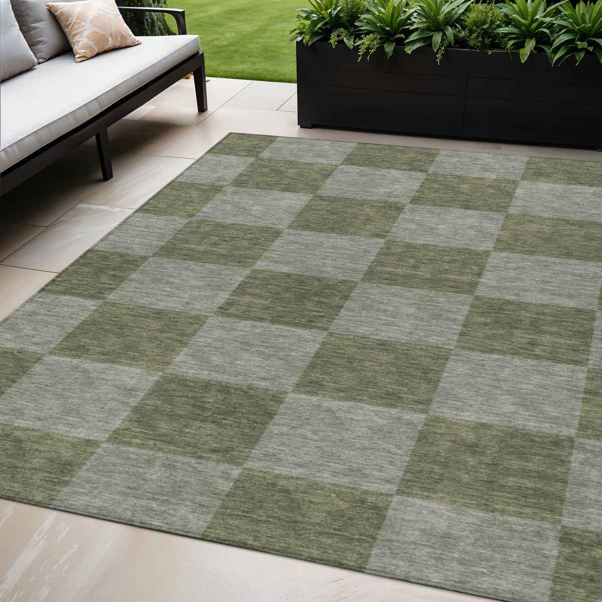 5' X 8' Olive Green And Gray Geometric Washable Indoor Outdoor Area Rug