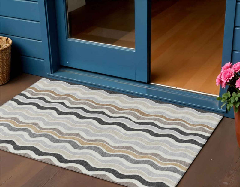 3' X 5' Charcoal Ivory And Gray Striped Washable Indoor Outdoor Area Rug
