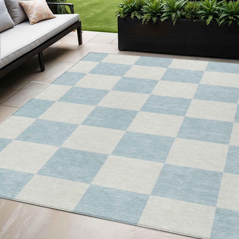 5' X 8' Sky Blue And Ivory Geometric Washable Indoor Outdoor Area Rug