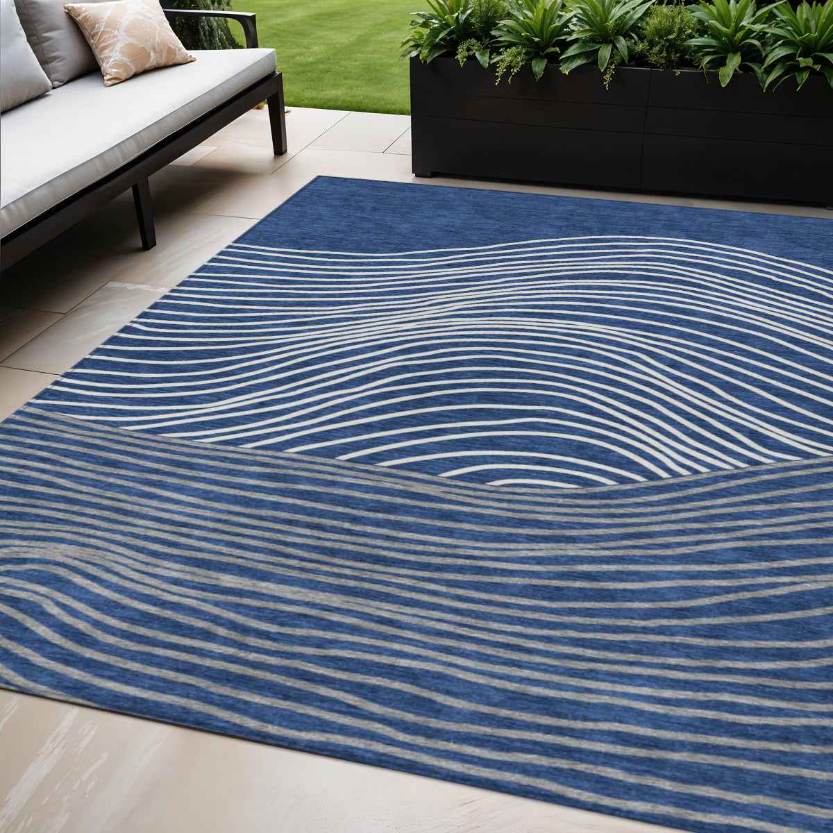 5' X 8' Navy Blue And Ivory Striped Washable Indoor Outdoor Area Rug