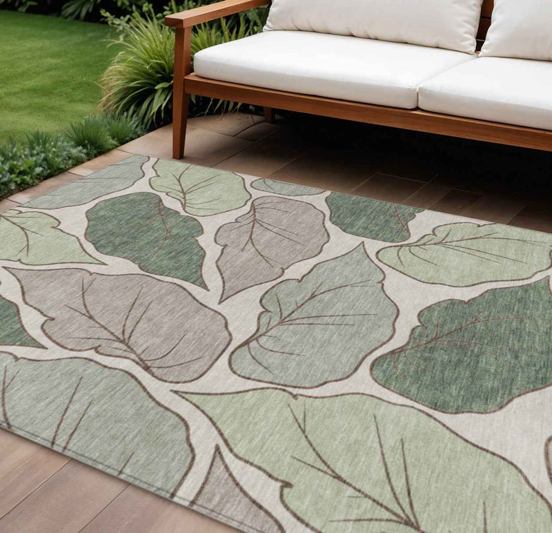 8' X 10' Fern Green And Ivory Botanical Leaves Washable Indoor Outdoor Area Rug