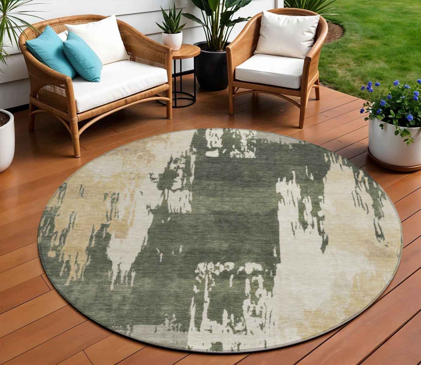 8' Olive Green Ivory And Tan Round Abstract Washable Indoor Outdoor Area Rug