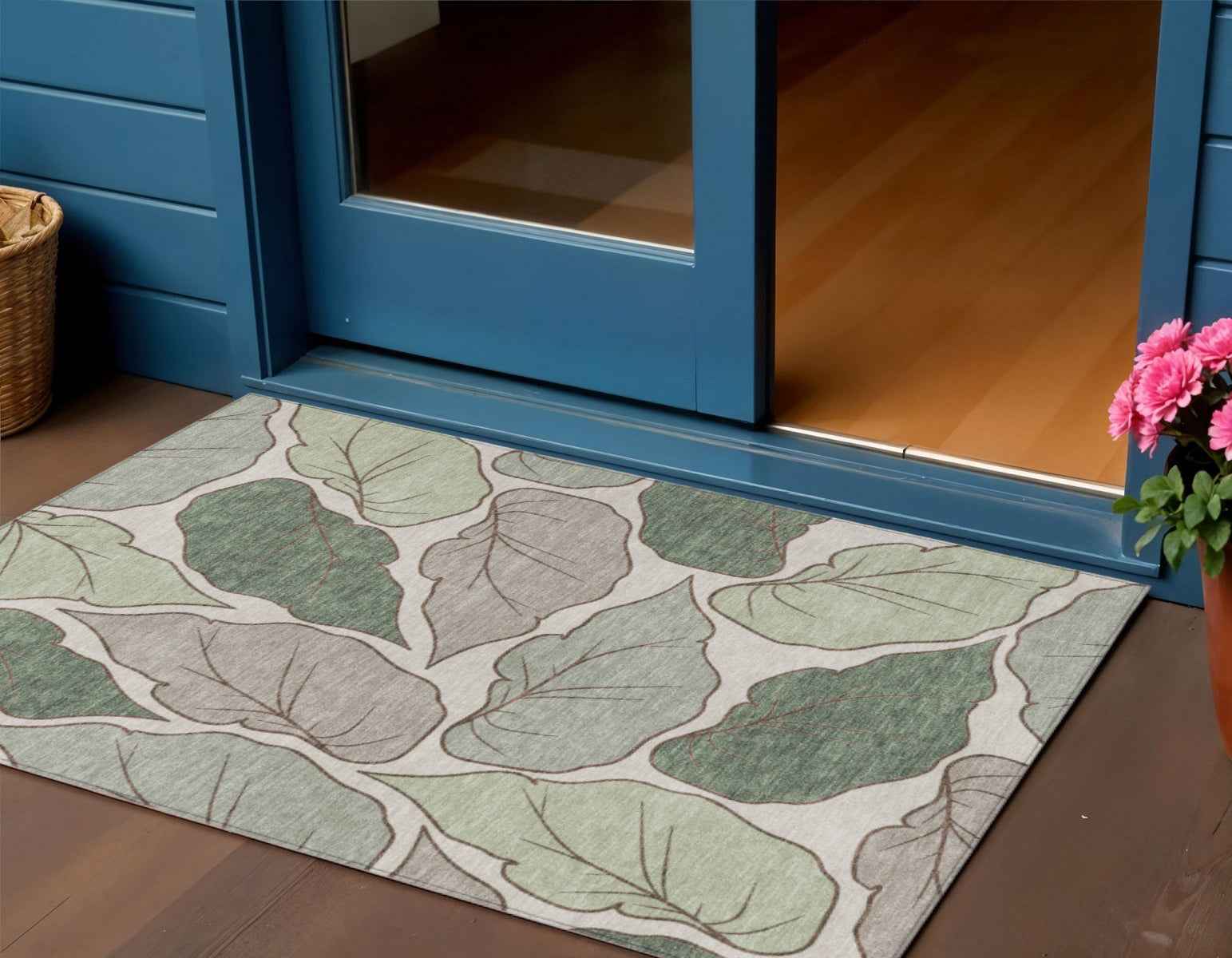 3' X 5' Fern Green And Ivory Botanical Leaves Washable Indoor Outdoor Area Rug