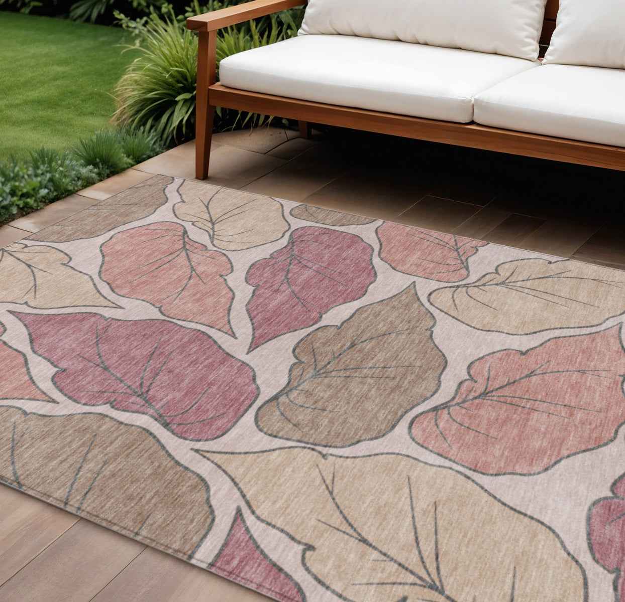 9' X 12' Blush And Ivory Botanical Leaves Washable Indoor Outdoor Area Rug
