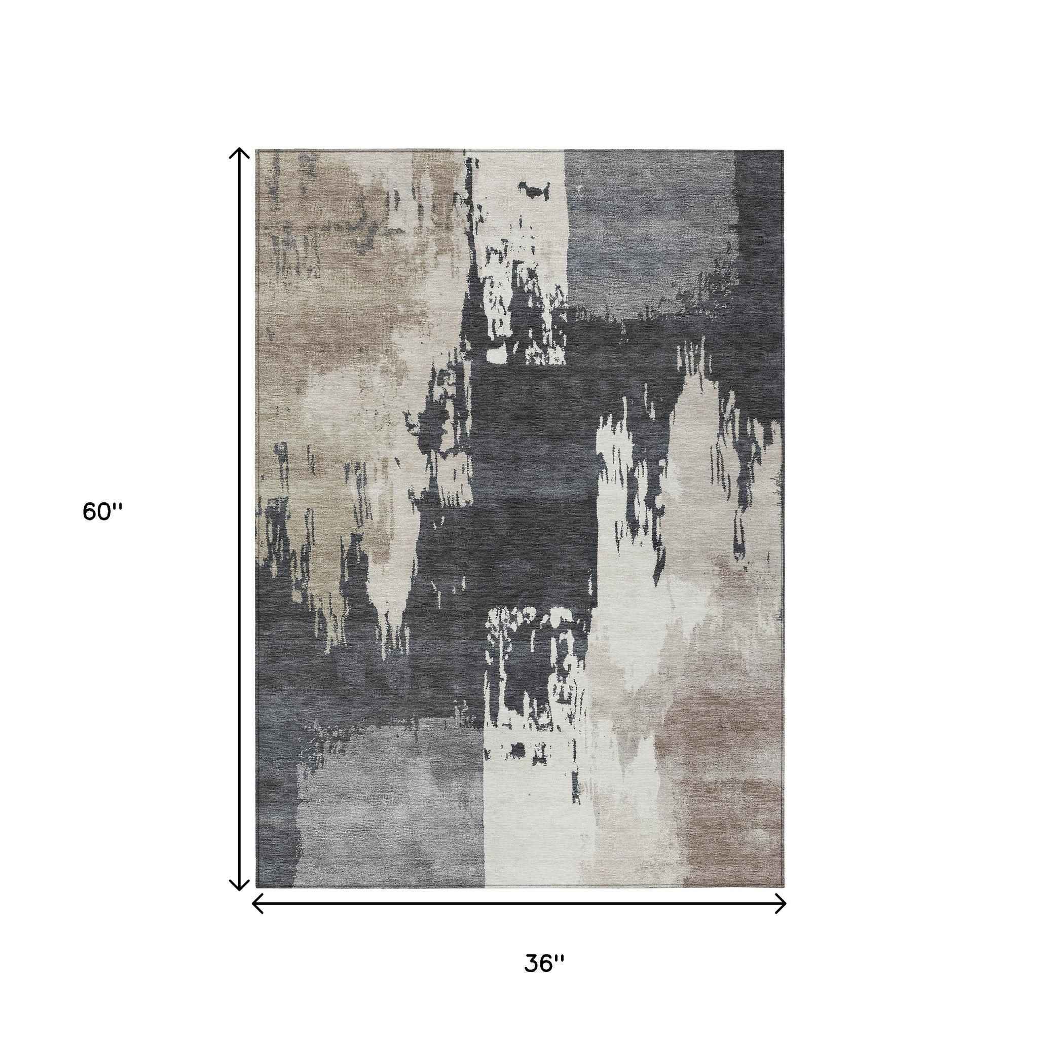 3' X 5' Charcoal Ivory And Beige Abstract Washable Indoor Outdoor Area Rug