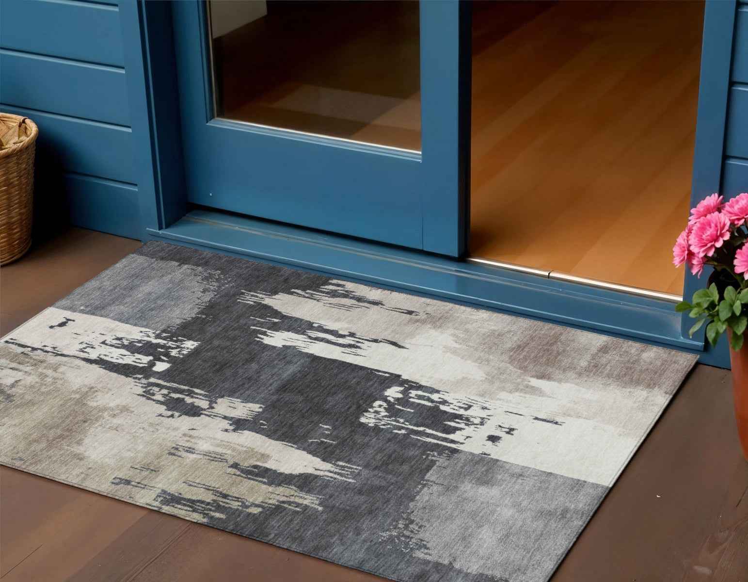 3' X 5' Charcoal Ivory And Beige Abstract Washable Indoor Outdoor Area Rug