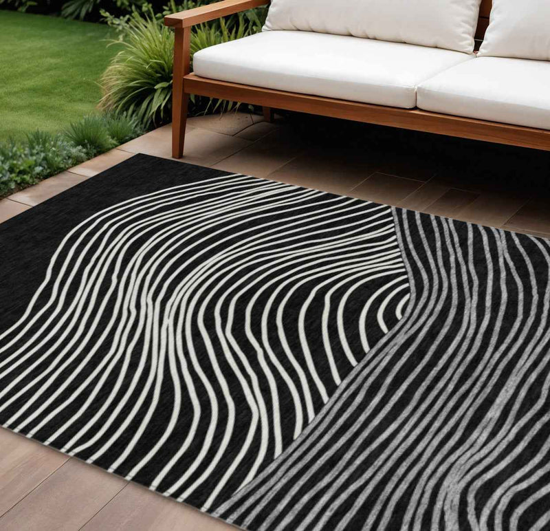 9' X 12' Black Ivory And Gray Striped Washable Indoor Outdoor Area Rug