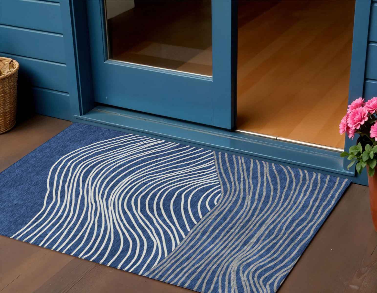 3' X 5' Navy Blue And Ivory Striped Washable Indoor Outdoor Area Rug